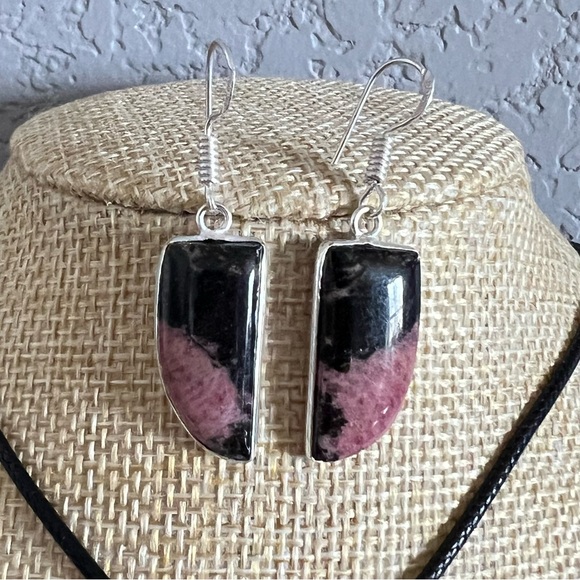 New Pink Rhodonite Stone Silver Overlay Pendant Earrings Necklace Set w Cord - Picture 3 of 8